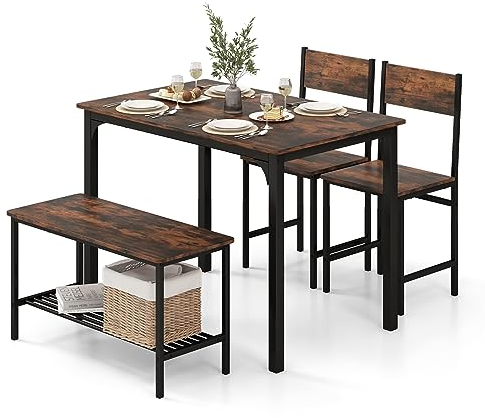 RELAX4LIFE Esstisch Set 4-teilig, Esszimmertisch mit 2 Stühlen Bank, Sitzgruppe mit Regal, Bartisch mit Metallgestell, Industriedesign, Esszimmergruppe für Küche Esszimmer (Rustikales Braun)