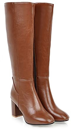 Botas Altas de Muslo para Mujer de PU Cuero, Caña Ancha con Cremallera Lateral, Rodilla Alta de Montar, Otoño Invierno, Marrón, 41 EU