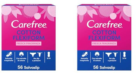 Carefree, Salvaslip, Cotton Flexiform, Adatto anche a Perizomi, 100% Traspirante, Fresca Fraganza, 56pz, 56 unità, 1 (Confezione da 2)