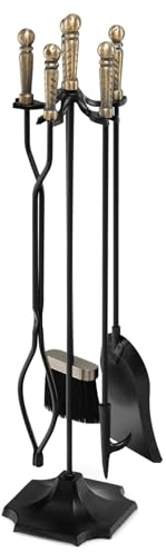 COSTWAY 4/5 Piece Fire Tools Set, Iron Fireplace Fireside Companion Brush, Poker, Shovel and Tong, Perfect for All Rooms Fire Place (5 Pieces, Octagonal Base, Black+Bronze)