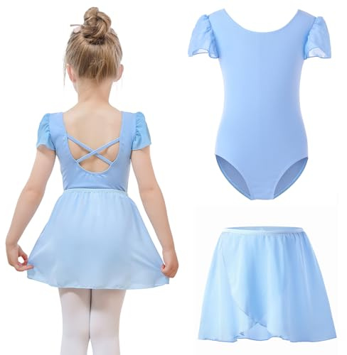 Bezioner Ballettkleidung mädchen mit Abnehmbarem Ballettrock Tanzbody Puffärmel Balette Kleidung Mädchen Ballettanzug Kinder Blau 120 (6-8 Jahre, 120-130 cm)