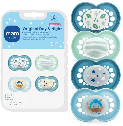 MAM Original Baby Pacifiers 16+ Months, Binky for Newborn Babies, BPA-Free Skin Soft Silicone Nipple, Glows in The Dark, Developed with Medical Experts, 4 Count, Made in Europe