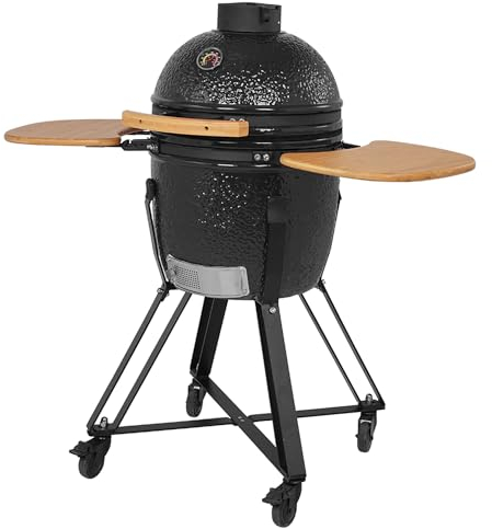 COOKFIRE - Barbecue Carbone Kamado Ø 45cm - BBQ Grill Japonais - Barbecue avec Thermomètre et Poignées en Bamboo - Barbecue Carbone Portable - Barbecue Céramique Kamado - Mini Grill à Charbon (Noir)