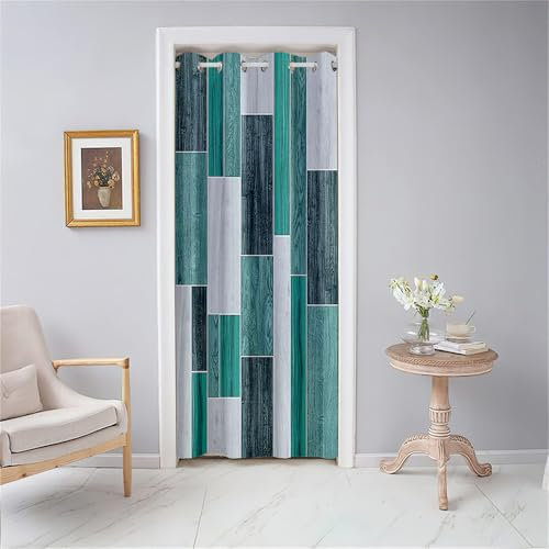 Odot Türvorhang Blickdicht mit Ösen, Verdunklungsvorhänge Vintage-Holzbrettern Druck Vorhang 1 Stück Thermovorhang Wohnzimmer Schlafzimmer Schrank Raumteiler Vorhang (80x180cm,Türkis)
