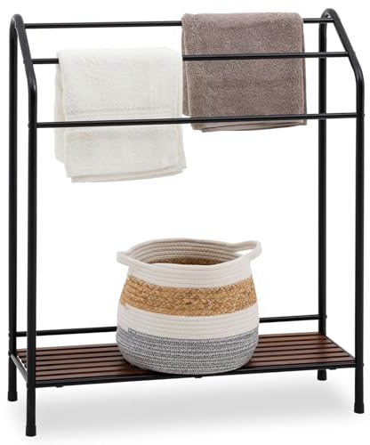 IDIMEX Porte Serviette Salle de Bain Leandro en Métal Noir, Design Simple et Moderne, sur Pieds avec Socle Stable, 3 Barreaux Porte Serviettes, Noir/Noyer