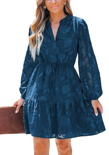 CUPSHE - Abito Mini da Donna, Floreale, con Scollo a V, in Pizzo, Maniche Lunghe, con Fiocco in Vita, A Linea, Casual, Autunnale, blu navy, XL