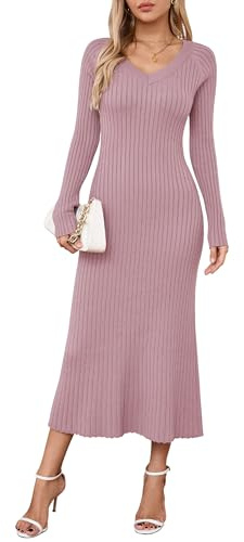 Arach&Cloz vinter jumper klänning bodycon fiskstjärt v-ringad maxi tröja klänningar, Rosa, S