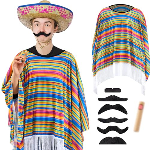 HICARER Set di 3 Accessori per Costume Messicano da Uomo Mantello Fiesta Serape Poncho Baffi Realistici Sigaro Finto Divertente Costume da Messico per Festa Carnevale Cosplay (Colore classico)