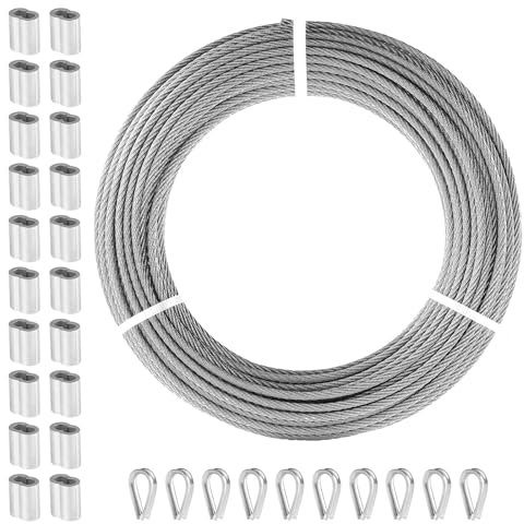 VEVOR Kit de Cables de Alambre de 3,18 mm Alambre de Acero Inoxidable T316 de 30,5 m con 20 Manguitos y 10 Guardacabos, Resistencia a la Rotura de 7,1 kN, 7 x 7 Hebras, Cables de Grado de Aeronáutico