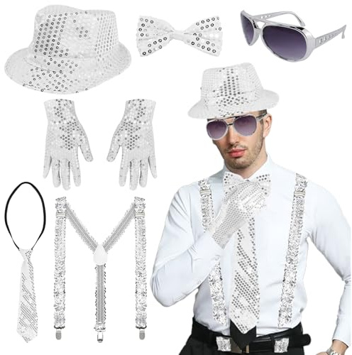 Ruikdly 6 st glitteroutfit män, glittertillbehör män med paljetter, slips män, rosett slips, hatt disko, handskar, karnevalsglas för karneval karneval party dans silver prestanda