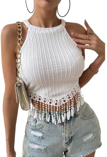 Hanaoops Canotta Donna Sexy Canottiera Estivo Senza Maniche Crop Top Collo Halter Aderente Tank Tops Corto Slim Fit Camicia con Nappa Bohémien Maglietta Shirt Clubwear