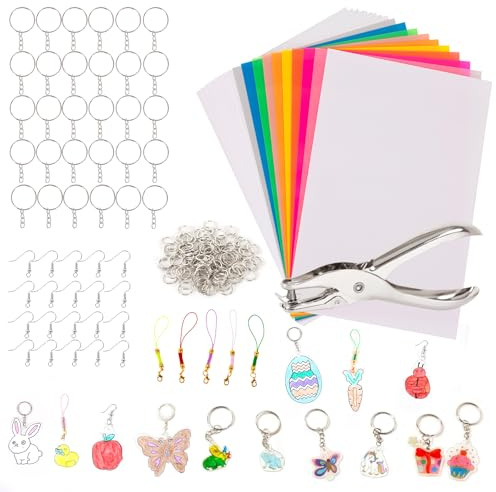 Urtioty 181 Pieces Shrink Plastic Sheets Kit for Kids, Shrinky Dink Paper 20 Sheets with Keychain Making Accessories, Heat Shrink Art Craft Supplies for Girls, DIY Keyrings & Jewellery Making