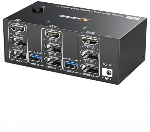 KCEVE KVM Switch 3 Monitores 2 PC, 8K@60Hz/4K @144Hz USB 3.0 KVM Conmutador HDMI + DisplayPort para 2 ordenadores, 3 pantallas y 4 dispositivos USB 3.0