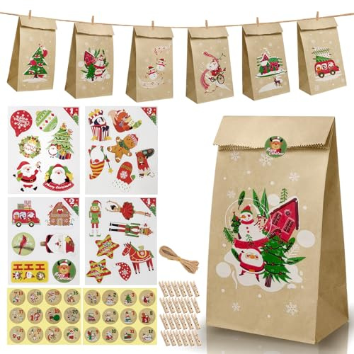 Adventskalender för fyllning, adventskalenderpåsar 2025, 24 papperspåsar att fylla i, gör-det-själv-julkalender för julkalender gör-det-själv (brunt rep)