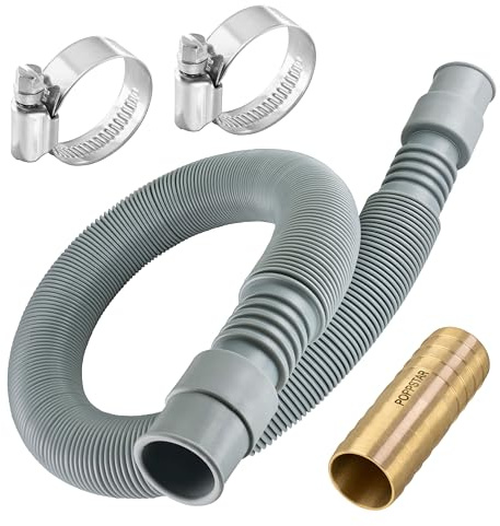 Poppstar Juego de extensión de manguera de desagüe, manguera flexible 3/4, extensible de 60 a 200 cm, conector de manguera de latón 3/4 (19mm), 2x abrazadera de manguera (20-32mm)