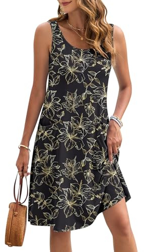 AUSELILY Vestido sin Mangas de Verano para Mujer Ligero Informal de Playa Largo hasta la Rodilla con Bolsillos Hoja Dorada Negra XL
