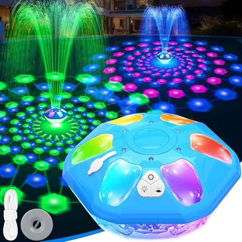 KingSom 2026 Ultima Fontana per Piscina con Luci LED Superiori e Inferiori, Fontana Galleggiante Ricaricabile con Pulsante, 2 Modalità di Getto e 12 Modalità di Luci Fontana per Piscina con Ancoraggio