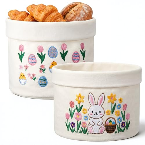 Hestya 2 Cestini per Pane Pasquale Ricamati Portapane in Tessuto per Colazione Sacchetti Regalo Nidi Pasquali Decorazioni da Tavola con Motivi di Conigli e Pulcini per Caccia alle Uova Dolci Cucina