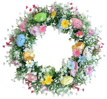 Corona Huevos Pascua para Puerta Principal | Guirnalda Colorida Huevos Pascua | Corona Puerta Primavera Artificial con Huevo y Flores | Decoración Colgante Guirnalda eucalipto Primavera para Ventanas