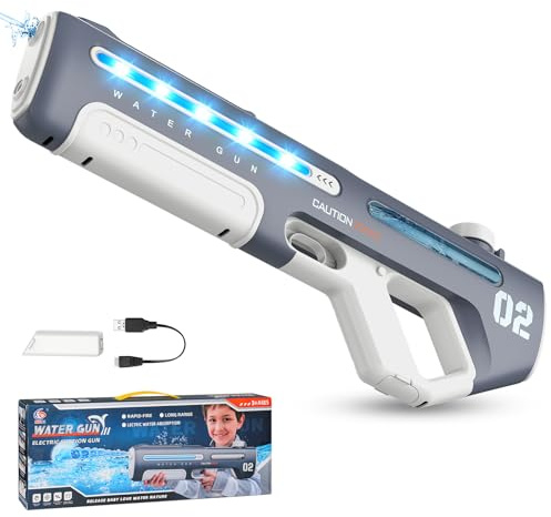 Pistola ad Acqua Elettrica, Potente Pistola Acqua con Assorbimento Automatico per Bambini e Adulti, Luci LED, Tiro Continuo Portata 8m, Giocattolo Acquatico per Spiaggia, Piscina e Giardino (Grigio)