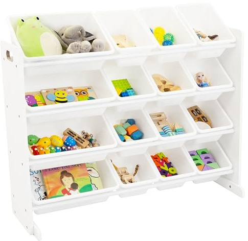 Humble Crew Extra-Large Wooden Toy Storage Organiser for Children & Toddlers, with 16 BPA Free Plastic Removable Storage Bins, Ideal for Storing Toys, Games, Books and Craft Supplies - White