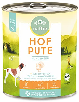 naftie Bio Hundefutter Hof Pute - Premium Nassfutter Menü mit Putenfleisch & Süßkartoffeln - getreidefrei glutenfrei - purinarm - 800g Dosen
