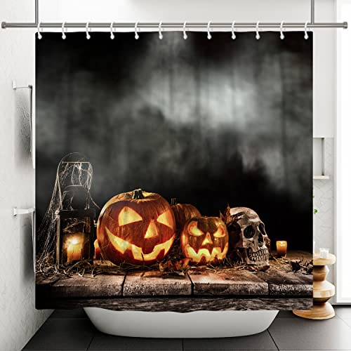 Bovlleetd 180x180cm Halloween Rideau De Douche Jack-O-Lantern Crâne Rideau De Douche Toile D'araignée Lampe À Huile Rétro Plancher De Bois Rideau De Bain Misty Chambre Halloween Salle De Bains Décor