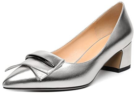 Elashe Femme Escarpins Petit Talon Confortable Escarpins Talon Bloc Bout Pointu Chaussure Chic Argent EU39
