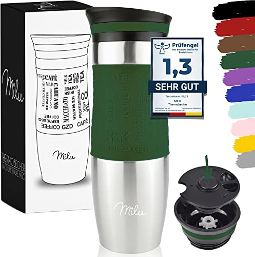 Milu Thermobecher Kaffee to go 370ml, 450ml Isolierbecher Kaffeebecher - 100% Auslaufsicher - Trinkbecher aus Edelstahl - Autobecher doppelwand Isolierung - Travel Mug (Olivgrün, 450ml)