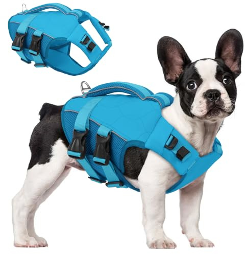 ASENKU Giubbotto Salvagente per Cani con Maniglia di Salvataggio, Giubbotto Salvataggio Cane con Elevata Galleggiabilità, Giubbotto di Sicurezza Cane Leggero Ripstop con Strisce Riflettenti Blu S
