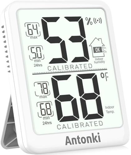 Antonki Termómetro de habitación, higrómetro digital pequeño para interiores, medidor de humedad, medidor de temperatura y humedad con sensor de registro máximo/mínimo para el hogar, plantas, batería