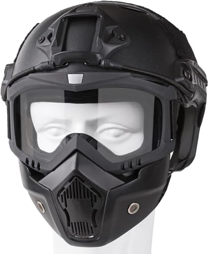 Airsoft Helm und Maske Schneller Base Jump Helm PJ Style Airsoft Helme Taktische Vollgesichtsmaske mit Abnehmbarer und Verstellbarer Brille