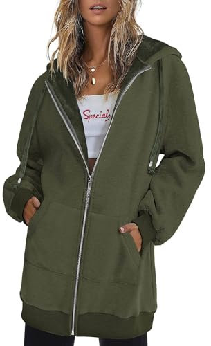 Zeagoo Damen Hooded Sweatshirt Lang Basic Zipper Hoodie Winter Solid Kordelzug Kapuzenjacke Warm Lockere Passform Sweatjacke mit Taschen Armeegrün L