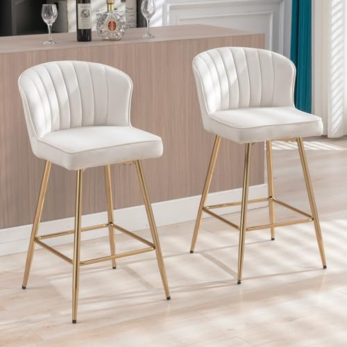 chairus Taburetes de Bar Terciopelo Juego de 2 Sillas Barra Altas con Patas Doradas, Taburetes Desayuno Modernos con Cojín Suave para Hogar/Isla de Cocina, Beige