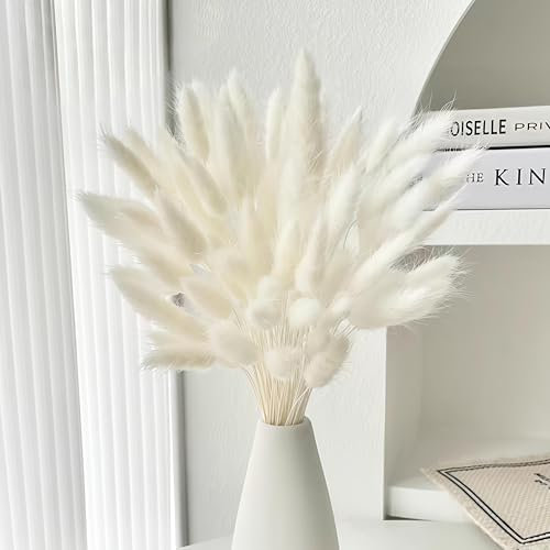 Frogetu 120 PCS Deko Pampasgras Weiß,Pampas Deko Trockenblumen Weiß,Schilfgras,Strohblumen,Trockenblume,Pampas Gras,Getrocknete Blumen,Lagurus,Hasenschwanzgras Getrocknet,Wohnzimmer Hochzeit Tischdeko