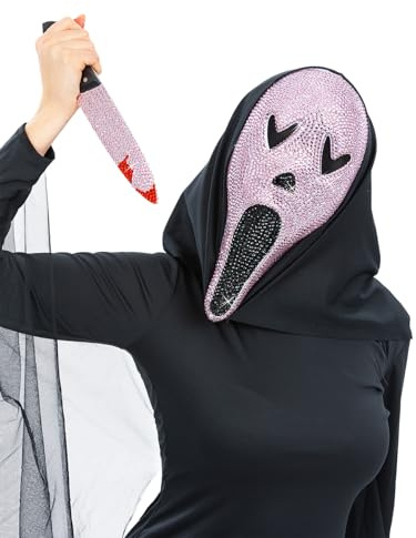 Smiffys Kit de crieur rose avec bijoux, masque et couteau, costume d'Halloween pour femme, kit d'horreur rose effrayant, déguisement pour femme, masque et accessoires pour fêtes d'Halloween