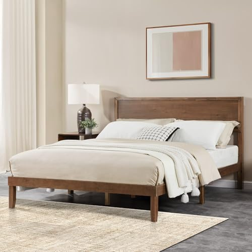 MT EDITION Wood Queen Size Bed Frame,Wooden Queen Platform Bed Frame with Headboard,Sturdy Rubber Modern Home Style Bed Frame for Bedroom (Queen)
