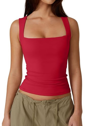 Vest Tank Tops for Women UK Summer Ladies Sleeveless Crop Top Sexy Square Neck Baisc Tight T-Shirt (Red,XS)