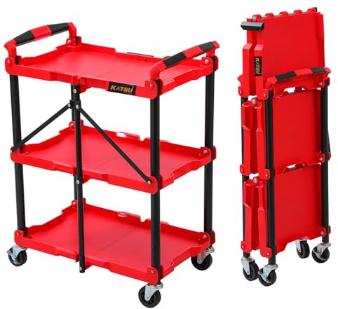 KATSU Tools 3 Tier Service Cart, Foldable, Utility Rolling Tool Trolley, 150 lbs Load, Locking Wheels, Ergonomic Handles, 83 x 36 x 64cm, for Workshop Garage Home Office and More, Red