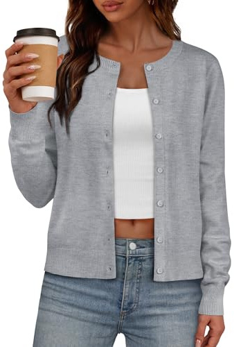 IWD Womens Cardigan Sweaters Crew Neck Long Sleeve Lightweight Button Down Sweater 2026 Spring Trendy Knit Tops (Grey, Small)