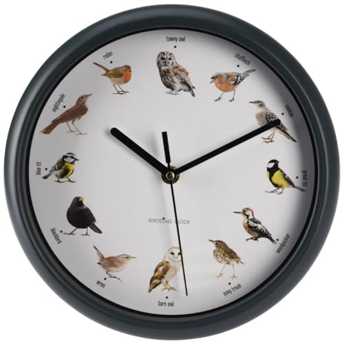 Envenzo Fågelljud väggklocka, batteridrift, 12 olika fågellåtar varje timme, svart ram med naturtemaskärning, 22,5 cm