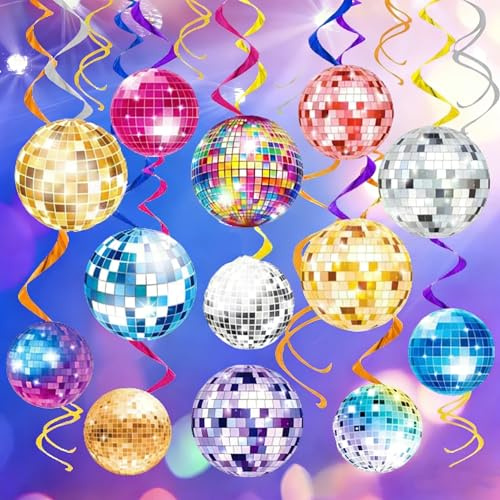 ASOUUNLD 15 bolas de discoteca, papel de cartón decorativo para fiestas, con 20 espirales, serpentinas de colores, guirnalda de bolas de discoteca para decoración de techo (16,5 cm)