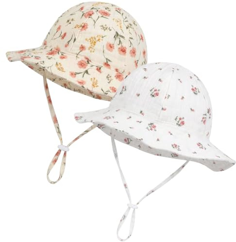 ViEinkaufen 2 Pcs Baby Sun Hat Newborn Soft Cotton Bucket Hats with Adjustable Chin Strap for 0-12 Months