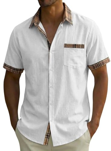 Camicia da uomo con bottoni, a maniche corte, stile casual estivo, top con tasca sul petto, ideale per vacanze al mare ed eventi di nozze