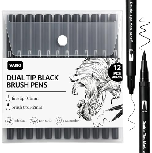 VAKKI Filtpennor, 12-pack svarta markörer färgpennor för vuxna, 0,4 mm fineliners för konstritning skissa