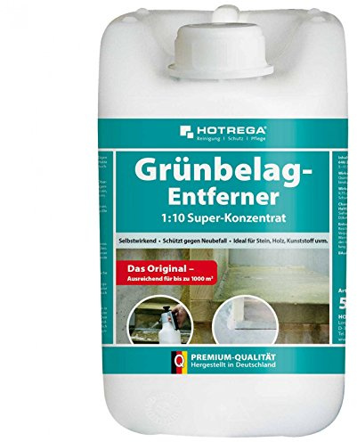 HOTREGA Grünbelagentferner 1:10 Super-Konzentrat 5 Liter | Entfernt Algen & Grünbeläge von Stein, Holz, Kunststoff und Keramik | Säure- und chlorfrei