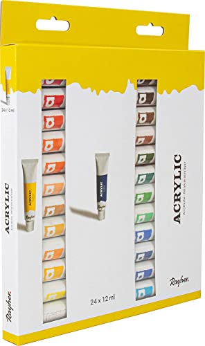 Rayher Hobby 38926000 Künstler-Acrylfarben-Set, 24 Farben, je Tube 12 ml, ideal für Keilrahmen, Papier, Pappe, Malkarton, Pappmaché, Holz, Stein, Beton, für Einsteiger und Profikünstler
