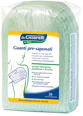 Dr Ciccarelli, Guanto Pre-saponato Monouso, Deterge Delicatamente e Rapidamente il Viso e il Corpo Senza l'Uso dell'Acqua, Dermatologicamente Testato, 100% Made in Italy, 20 Pezzi