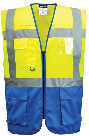 Portwest C476 Warszawa Verkställande Väst Reflekterande Tejp Hög Synlighet | Gul/Kungsblå, M, EN ISO 20471 Klass 1, Unisex, 7 Fickor, Normal Passform, Polyester, Öppning med Dragkedja, Lättvikt, Skaltyg