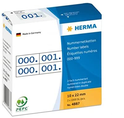 HERMA 4887 nummeretiketter siffror 0-999, dubbla (22 x 10 mm, papper, matt) självhäftande, permanenta häftand, löpande nummer klistermärken i en kartongdispenser, 2 000 etiketter, blått tryckt